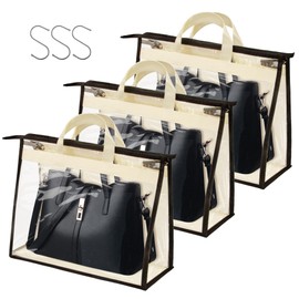 Vercord Clear PVC Handbag Dust-Free Cover Moistureproof Purse Storage Bag Organizer with Handle Zipper Space-Save Holder for Closet Beige L 3Pcs
