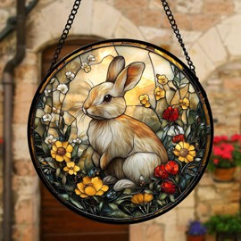 Stained Glass Window Hanging Rabbit Flowers Suncatcher Ready To Hang Window Doors Home Decoration Easter Day Birthday For Women Men And Mom 6.3x6.3 In Hanging Ornaments Crystal (Coffee, 16x16x0.5cm)