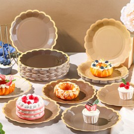 Tiangrid 96 Pcs Brown Paper Plates 9 Inch Gradient Brown Scalloped Paper Disposable Dinner Dessert Plates for Birthday Wedding Bridal Party Supplies, 6 Colors