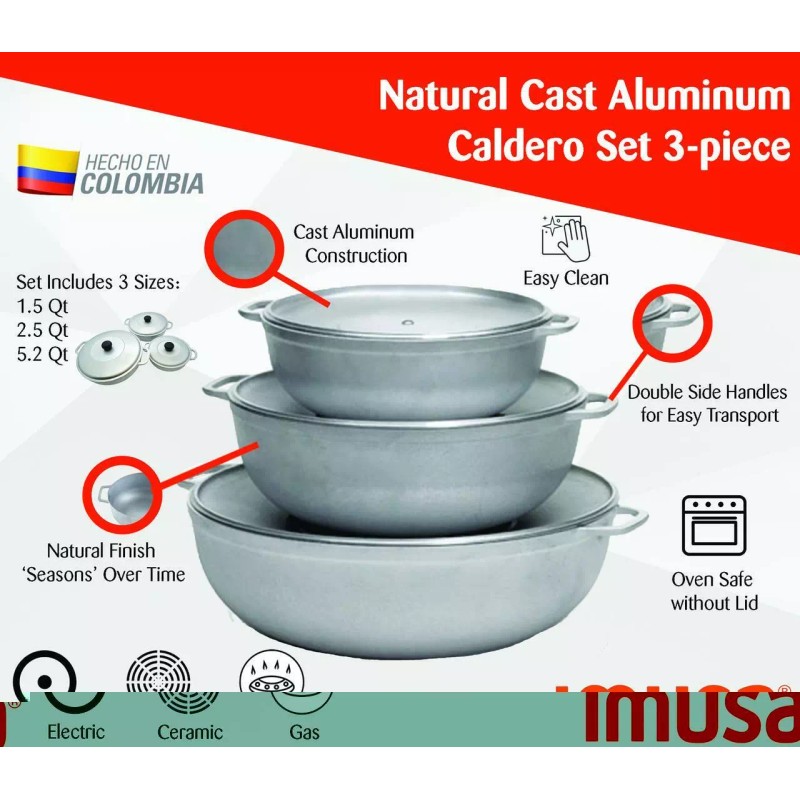 IMUSA 3-Piece Natural Cast Aluminum Dutch Oven Set Oven Safe