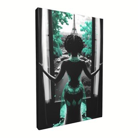 Black Girl Wall Art African American Wall Decor Modern Paris Painting Pictures Canvas Prints Teal Bathroom Decor Framed Artwork for Bedroom 12 * 18 inch