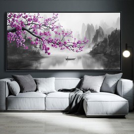 Large Purple Wall Art Decor for Living Room Bedroom Framed Black and White Landscape Full Moon Purple Flower Painting Canvas Picture Plum Blossom Artwork for Home Office 24x48IN