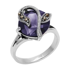 Silverly Women's 925 Sterling Silver Simulated Marcasite Purple Cubic Zirconia Round Flower Ring