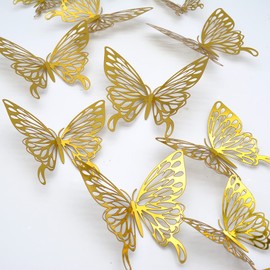 CAYUDEN 3D Butterfly Wall Stickers, 24pcs Removable Gold Paper Butterfly Wall Decor Stickers DIY Butterfly Stickers Decor for Room, Door, Window, Wedding, Party Decoration, Living room(Gold)