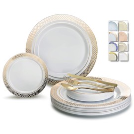 " OCCASIONS " 300 Pcs Set & 60 GuestWedding Disposable Plastic Plate & Silverware Combo Set (Celebration White & Gold plates, Gold Silverware)