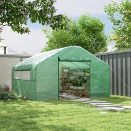 Outsunny 13' x 10' x 6.5' Hoop House Greenhouse with Large Windows and Zippered Door, Large Walk-in Tunnel Green House with Upgraded Galvanized Steel Frame, PE Cover, Gardening Plant Hot House, Green