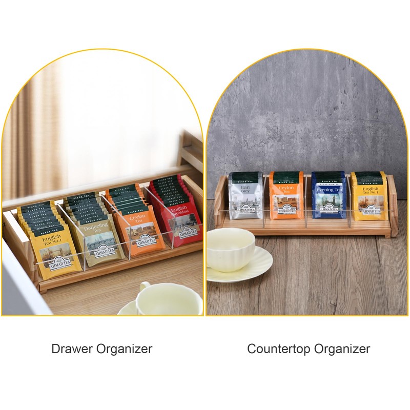 Tea Bag Storage Organizer, Natural Wood and Clear Acrylic, 4-Section
