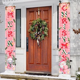 Pink Christmas Decorations Pink Christmas Door Decorations Merry Christmas Banner Pink Buffalo Plaid Christmas Hanging Banner for Xmas Holiday Party Decor Indoor Outdoor