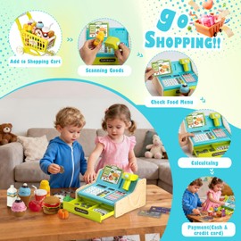 Wooden Cash Register for Kids with Shopping Cart Rechargeable Kid Cash Register with Scanner Gift for Kid Age 3 4 5 6 7 8 9 Year Old Pretend Play for Toddlers Toys for 3-12 Year Old Kids