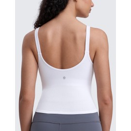 CRZ YOGA Seamless Womens U Neck Longline Sports Bra - Thin Strap Padded Workout Crop Tank Ribbed Open Back Yoga Camisole Top White Small