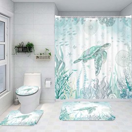 4 Pcs Sea Turtle Shower Curtain Set, Blue Teal Ocean Bathroom Rug Sets, Nautical Coastal Summer Animal Kids Fabric Shower Curtain and Non-Slip Rugs Toilet Lid Cover Bath Mat Decor with Hooks (Teal)