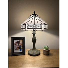 enjoy decor lamps Tiffany Table Lamp White Stained Glass Hexagon LED Bulb Included for Living Room Dining Room Bedroom Bedside 12'W*12" D*19" H