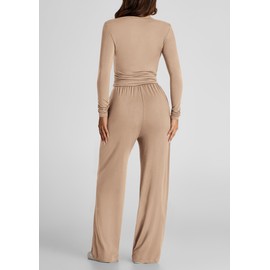 PRETTYGARDEN Women's Spring Fall Two Piece Outfits Tracksuits Long Sleeve Crop Tee Shirts Wide Leg Pants Matching Lounge Sets (Khaki,Medium)