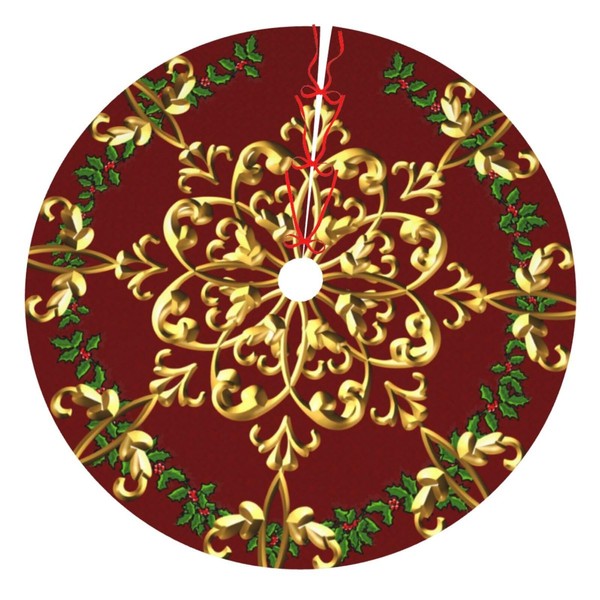 48" Christmas Tree Skirt, Red Gold Elegant Festive Pattern Pattern