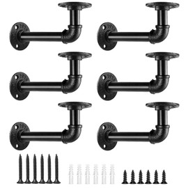 Industrial Pipe Shelf Brackets for 8 inches Board, Iron L Pipe Floating Shelves, Heavy Duty Metal Floating Wall Shelves - 6 Pack Black