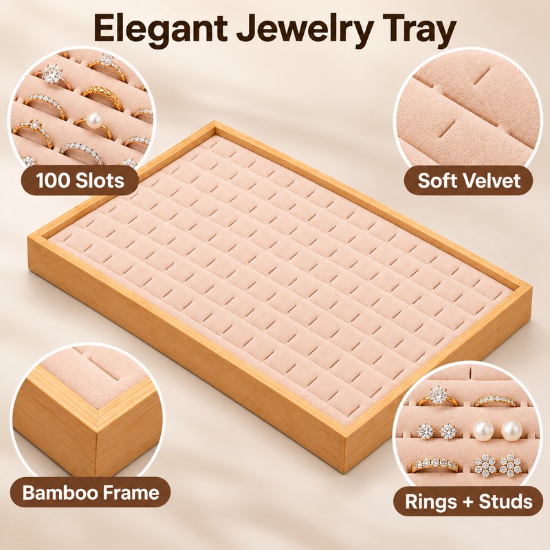 Bamboo Wood Velvet Ring & Stud Earring Display Tray –