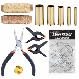 Fgnaic Basket Making Kit with Pine Needle Basket Making Gauge, Waxed Thread, Needle, Thimble Ring, Long Nose Pliers, Basket Making Supplies Rattan Webbing Wicker Basketry Weaving Set (Brass)