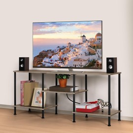 Modern Farmhouse TV Stand with Power Outlets, Small Entertainment Center with Open Storage Shelves for 50 Inch TV, Media Console Table with Soundbar Shelf for Living Room, Bedroom, Rustic Grey