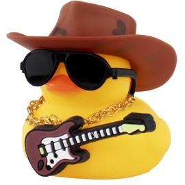 wonuu Rubber Duck Car Ornaments Guitar Duck Cool Car Accessories Car Dashboard Decorations with Cowboy Hat Necklace and Sunglasses, Brown&Black