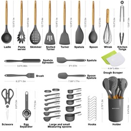 Kitchen Cooking Utensils Set, 39 pcs Non-Stick Silicone Cooking Kitchen Utensils Spatula Set with Holder, Wooden Handle Silicone Kitchen Gadgets Utensil Set (Dark Grey)