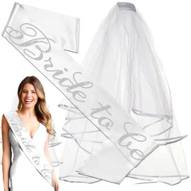 Bride Sash and Veil - SET OF 2: REAL CRYSTAL RHINESTONE Flirty Bride to Be PREMIUM BRIDAL GRADE White Satin Sash & White Veil - Bachelorette Party Gifts - VeilSet(RS FlrtB2B) Wht
