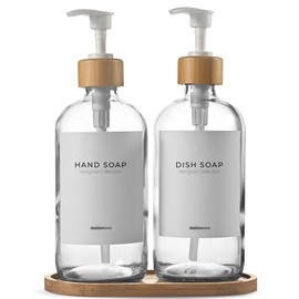 Maisonovo Glass Soap Dispenser Bathroom Set | Hand Soap and Dish Soap Dispenser Set | 16.9oz Clear Bottles with White Bamboo Pump | Bathroom Lotion Dispenser with Pump Set of 2