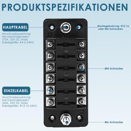 LustLocke 6-Way Fuse Holder, 12 Volt Fuse Block ATC/ATO Car Fus Box, 12 Fuses Blade Fuses without LED Display, Positive Negatives for DC 12 V/24 V Car, Truck, Boat, Van, SUV, Marine Vehicle