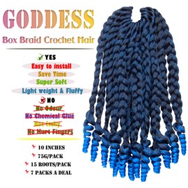 7 Packs 10 Inches Goddess Box Braid Crochet Hair With Curly Ends Ombre Blue Hair Extensions For Black Women and Baby Kids(10 Inch-7Packs,T1B/BLUE)