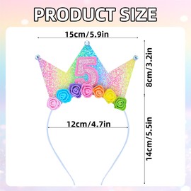 Dmnnlp 5th Birthday Headband for Girls - Sparkle Princess Crown Hairband, Kids Party Decorations, Rainbow Flower Crown Gift for 5 Year Old