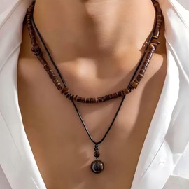 KOFISNI Puka Shell Necklace Men Brown Coconut Shell Wood Beads Choker Beach Seashell Surfer Necklace Hawaiian Summer Jewelry (Bead)