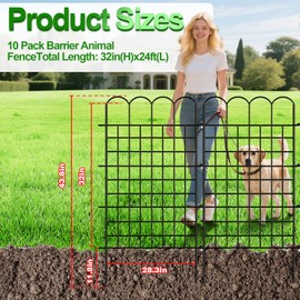 10 Panels Garden Fence Dog Fence Outdoor for Yard, 33 in (H) x 24 ft (L) Rustproof No Dig Decorative Tall Fencing Border for Dog, Rabbits, Patio Temporary Ground Stakes and Flower Vegetable Flower Bed