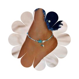 Erimberate Bohemian Blue Starfish Ankle Bracelet White Sead Bead Anklet Chain Beaded Chain Anklets Adjustable Conch Anklets Summer Beach Foot Chain Jewelry for Women
