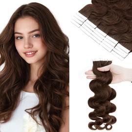 SEGOHAIR Wavy Tape In Hair Extensions Real Human Hair with Double-Sided Adhesive Professional Hair Extensions for Women 20pcs Body Wave 18 Inches Light Brown
