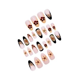 24 Pcs Flower Press on Nails Medium Almond Shaped Fake Nails with Floral and Gold Steel Ball Design Brown French Full Cover Acrylic Nails Stick on Nails for Women Nails Manicure Decoration 24 Pcs