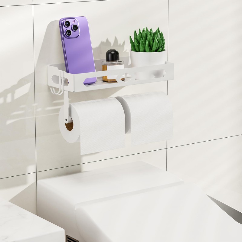 White Paper Towel Holder Wall Mount with Shelf - Adhesive