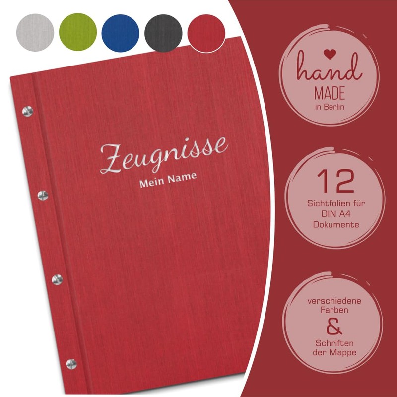 Handmade Certificate Folder with Your Own Name in Red Linen