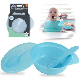 Travel Feeding Bowl 400ml and Spoon Set of 2 Pieces Blue | BPA Free Bowl with Spoon for Baby Led Weaning | First Stage Self Training Feeding Sets for Toddler Kids 12+ Months
