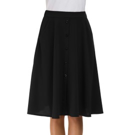 Afibi Women's High Waisted A Line PLeated Midi Skirt Button Front Skirts with Pocket (X-Large, Black)