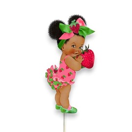 Strawberry Theme Baby Shower/Birthday Centerpieces, 10 inches, Cardstock Paper, Double Sided, Lollipop Stick Attached (3, African American)
