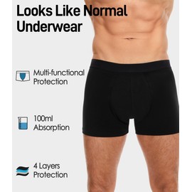 FORVEVO Men's Incontinence Underwear, Black Boxer Brief with Protective Pads, Washable Reusable LeakProof Heavy Absorbency (Black, Large)