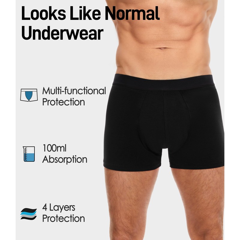 FORVEVO Men's Incontinence Underwear, Black Boxer Brief with Protective Pads,