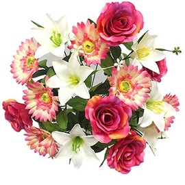 Silk Flower Garden Roses Lilies Daisies Mixed Bouquet 18 Heads 21", Beauty