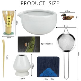 Artcome 7 Pcs Complete Matcha Tea Ceremony Kit for Tea Ceremony, Bowl with Pouring Spout, Whisk, Tea Scoop, Matcha Powder Strainer, Matcha Tea Set For Making Usucha, Koicha and Matcha Latte (White)