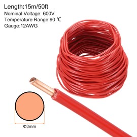 sourcing map 50 Feet Electrical Wire Insulated Solid Copper 12 AWG Hook Up Wire Cable THHN Wire Residential, Industrial, Grounding, Electrical Rated for 600 Volts, UL listed, Red