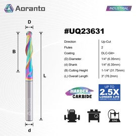 Aoranto UQ23631 1/4" Ball Nose CNC Router Bit 1/4" Shank, Industrial Quality Extra Long Life Coating Soild Carbide Up Cut Round Nose Spiral End Mill for Wood Carving 1/4 Dia x 1-1/4 Inch CL 2 Flute