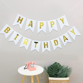 Balloons Birthday Decoration Set, White Gold Birthday Decoration Happy Birthday Decoration Banner Party Decoration Birthday Set with White Gold Balloons Confetti Balloons (WH+G)