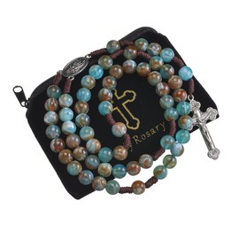 Catholic Rosary Brown Blue Acrylic Pearl Beads Rosary Catholic Necklace Rosary Beads with Stainless Steel Medal and Crucifix Cross First Communion Gifts for Women