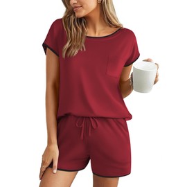 Ekouaer Womens Pajama Sets Summer Pjs Short Sleeve Tops and Shorts 2 Piece Loungewear Sets, Wine Red, S