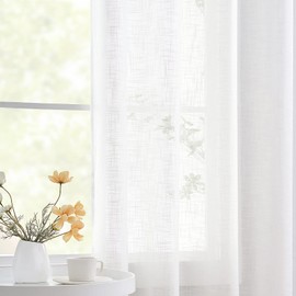 Treatmentex Semi Sheer White Curtains 45inch Length Faux Linen Curtain Drapes for Short Windows Privacy Light Filtering Window Curtain Panels for Basement Laundry Room 52" w x2 Panels