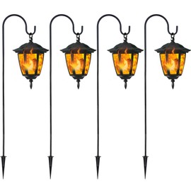 Dynaming 4 Pack Solar Flame Hanging Lights Outdoor, Halloween Solar Flickering Flame LED Garden Lanterns with 4 x 38 Inch Shepherd Hooks, Christmas Lighting for Lawn Patio Yard Pathway Driveway